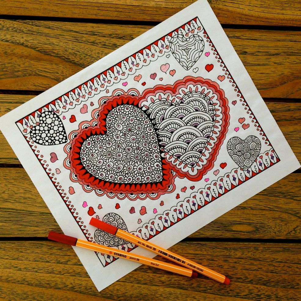 Download Zentangle Hearts Wedding Coloring Page Instant Download I