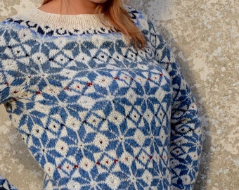 Fair Isle Sweater Blue White Sweater Comfy sweater Nordic sweater Icelandic sweater Women's sweater