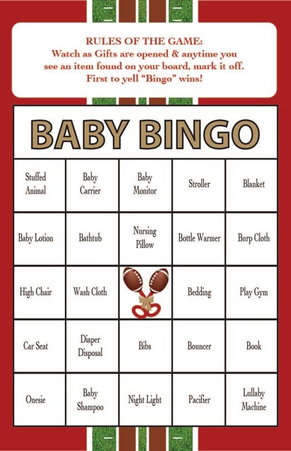 gifts game opening baby shower Baby Shower 40 Bingo Download Theme Game set of Digital Football