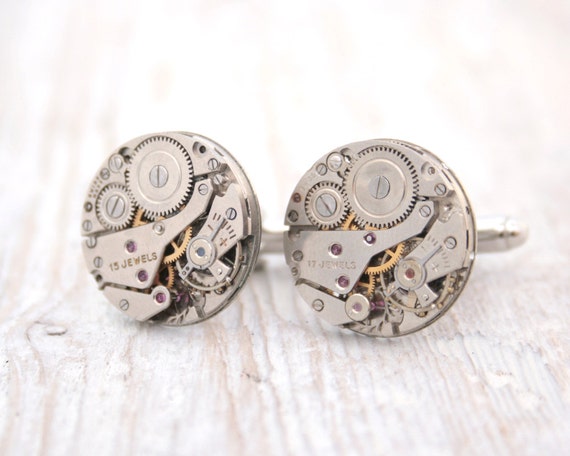 Watch Cufflinks Weddings Collection Groomsman Holiday Gift for Husband Cuff links Silver Cufflinks Authentic Swiss made Watch Movement steampunk buy now online