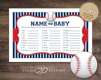 Instant Download Baseball Name That Baby Game, Blue Red Baseball Baby Shower Games, Baseball Baby Animal Game for Boy Shower 68A