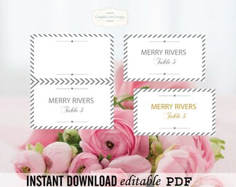 DIY Wedding Place Card Editable PDF Templates - Grey Carnival Stripes ...