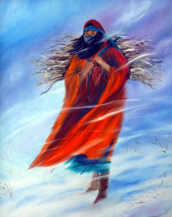 Items similar to Native American Woman Indian Snow Winter Blue Orange