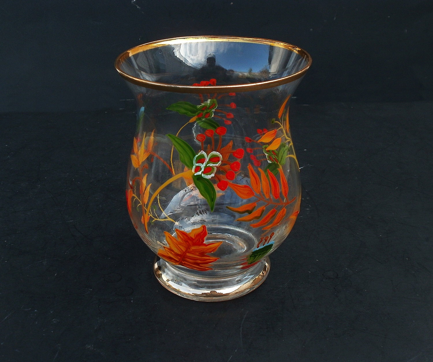 Gold Trim Clear Glass Vase Handpainted Flowers by LotusInTheWind