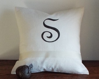 CLEARANCE SALE 75% OFF! S' Monogrammed Pillow Cover. 20" Ivory Linen with Monogram