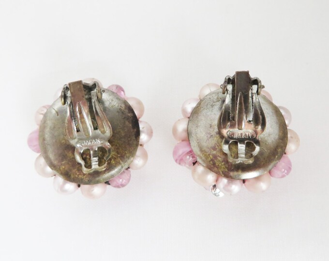 Vintage Japan Pink Cluster Earrings, Faux Pearl Bead & Art Glass Clip-ons