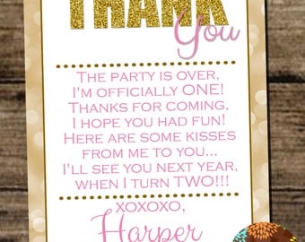 Gold 1st Birthday Thank You Card - Pink and Gold 1st Birthday Girls Thank You also available for as an invitation or birthday package