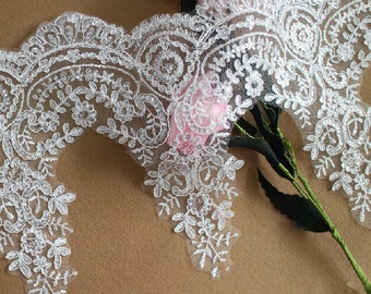 Alencon Bridal Lace Trim, Off white, Sequined Trim - 9.4" wide, sold by the yard