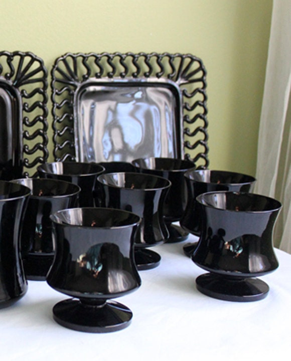 Compotes. Black Milk Glass Footed Dessert Dishes. Black Glass Tableware