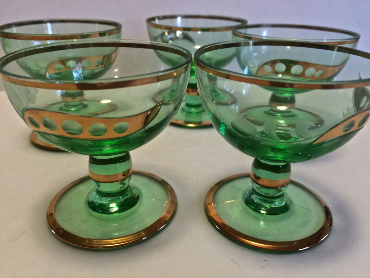 Vintage Green and Gold Cordial Glasses Cordial Set Retro