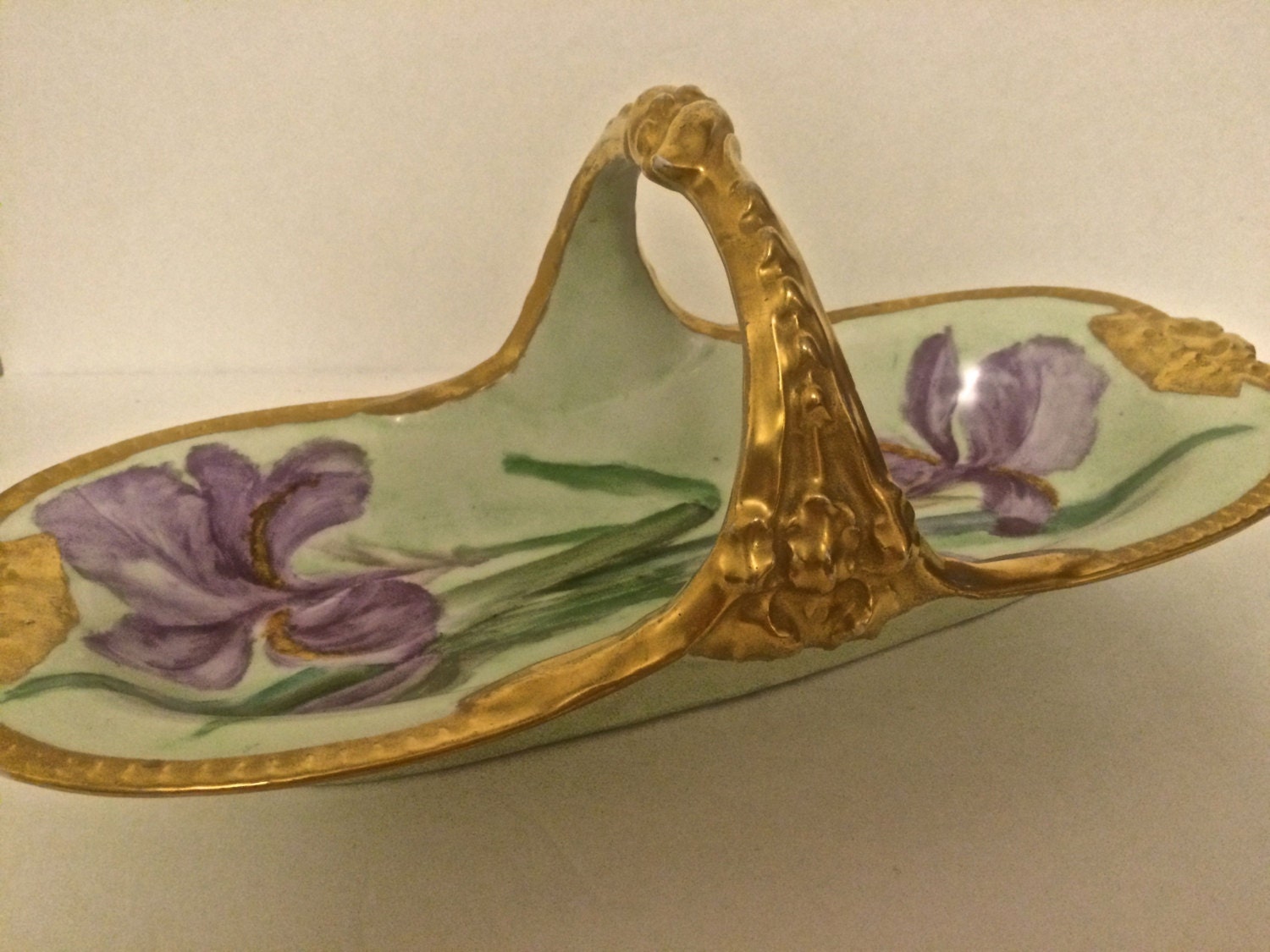 Antique Hand Painted Limoges Basket Lavender Irises Trimmed in