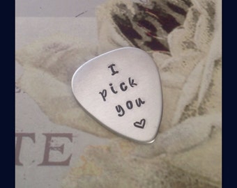 I Pick You Guitar Pick - Hand Stamped Guitar Pic - Simple Aluminum Guitar Pick with Heart Design Stamped - Entirely Made By Hand in Texas