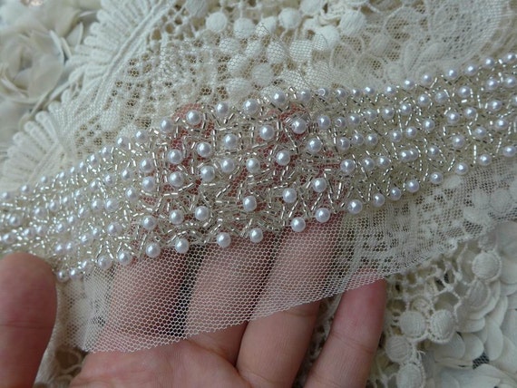 Beaded Trim Bridal Pearl Applique Ivory Beaded Lace Trim