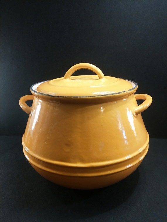 Vintage Descoware BelgiumYellow Enameled Cast Iron Bean Pot.