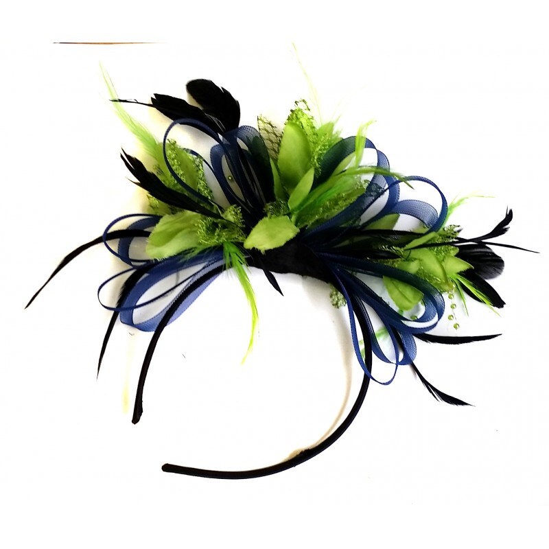 Navy Blue & Lime Green Feathers Fascinator On Headband