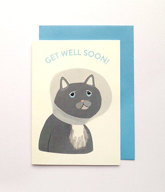 Get Well Soon Kitty with Neck Cone Greeting Card made in the