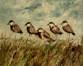 Original oil painting Five Birds green grass landscape summer impressionism 60x60cm (23.6 x 23.6 inch) palette knife canvas, special gift