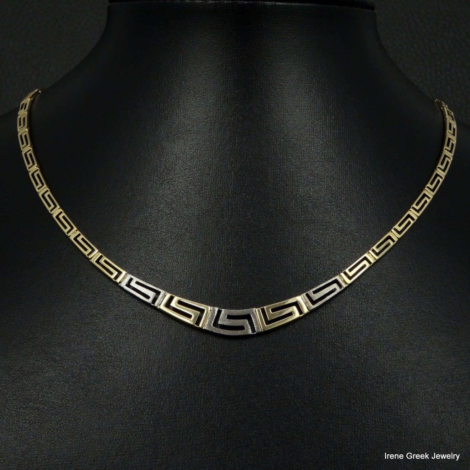 Greek Key Necklace 14K Solid Yellow & White Gold Greek