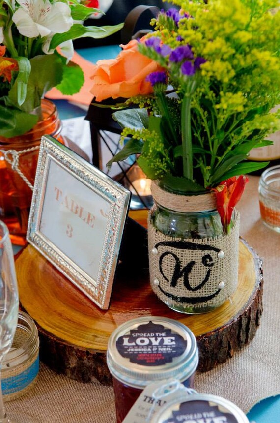 Monogrammed Burlap Ball Mason Jar Vases Quart by BlueBellsDesign