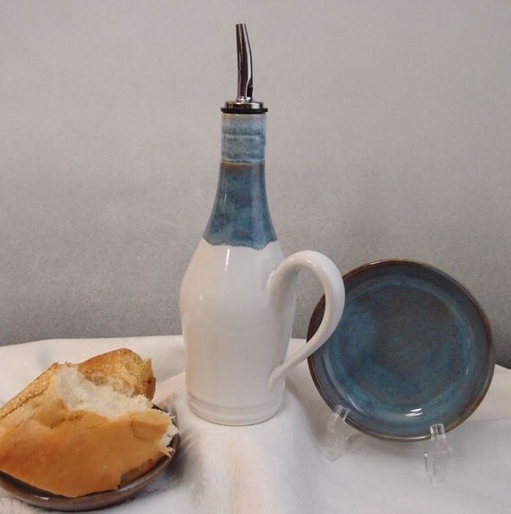 Olive Oil Bottle and Dipping Plate Set glazed in White and