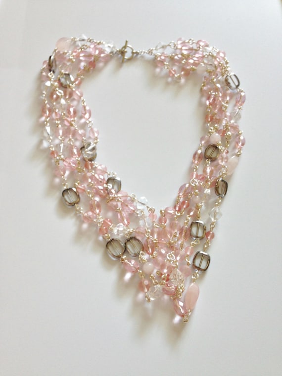 hand beaded pink silver and white necklace by KateejanesJewels