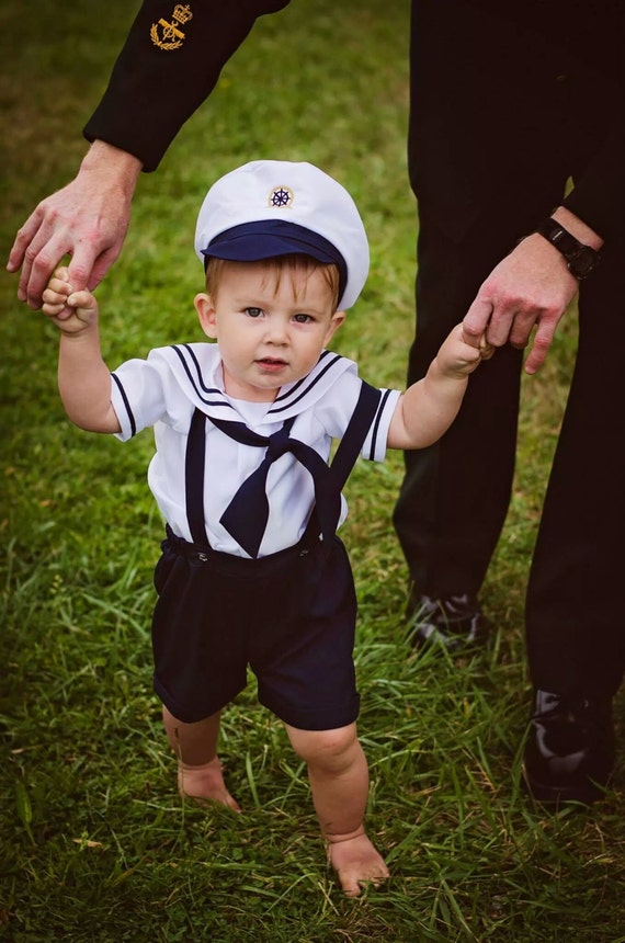 Infant Baby Boy Sailor Outfit Shorts attached suspenders w/