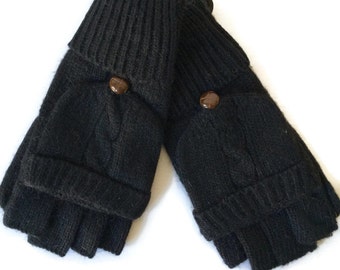 Cable knit Gloves, Black Knitted Gloves, Fingerless Gloves, Ladies Winter Mittens, Mitts, Texting Gloves