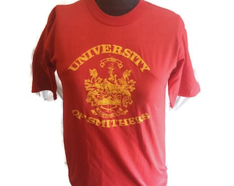80's University of Smithers T-shirt / 1980's College Tee Shirt / University of British Columbia / 50/50 / Red & Yellow / Richmond / Medium M