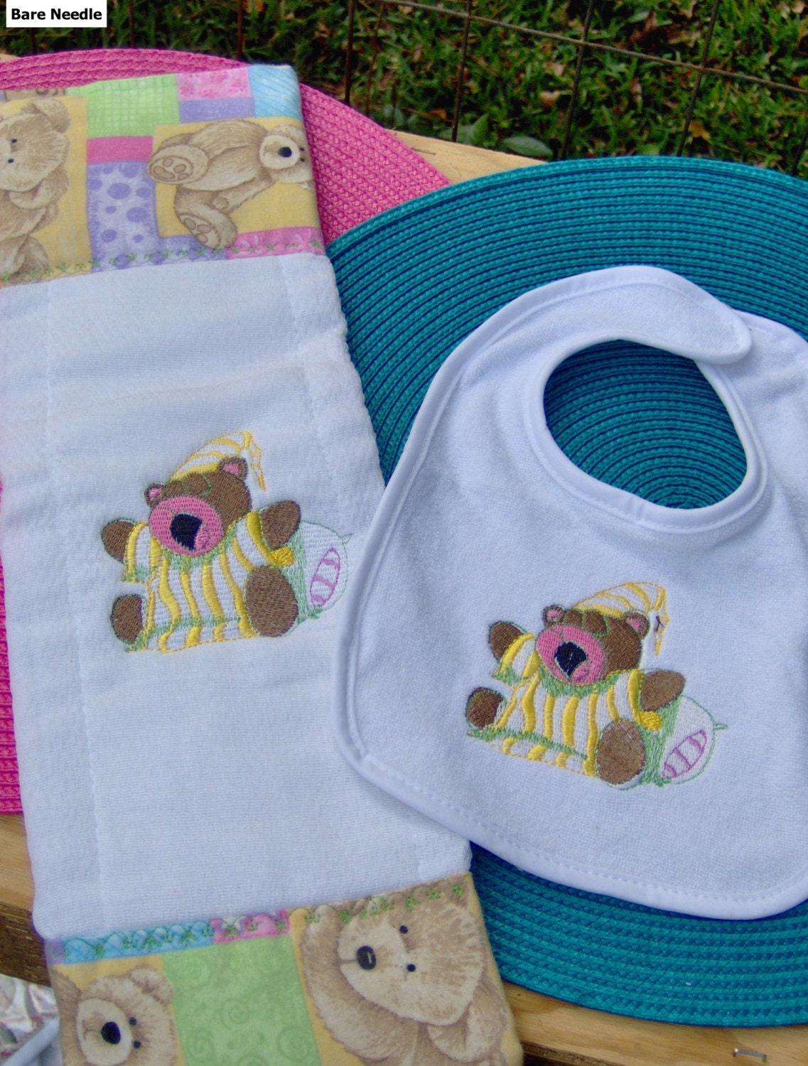 Embroidered Teddy Bear Burp Cloth and Bib Set Yellow by BareNeedle
