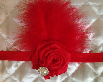 Red Feather Pearl Headband/ Red Flapper Headband/ Baby Girl Headband/ Newborn Photo Prop