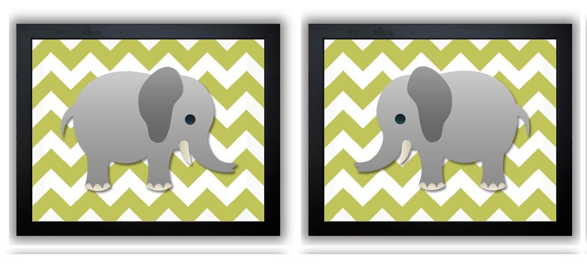 Elephant Nursery Art Nursery Print Set of 2 Elephants Sage Green Chevron Grey Child Art Prints Boy K