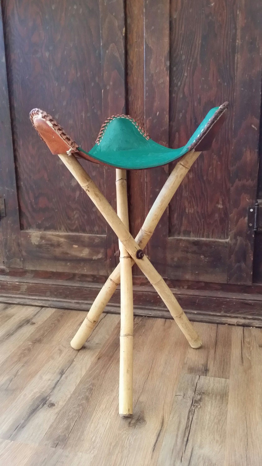 3 Legged Stool Mexico Leather Saddle Chair Green Bamboo Aztec
