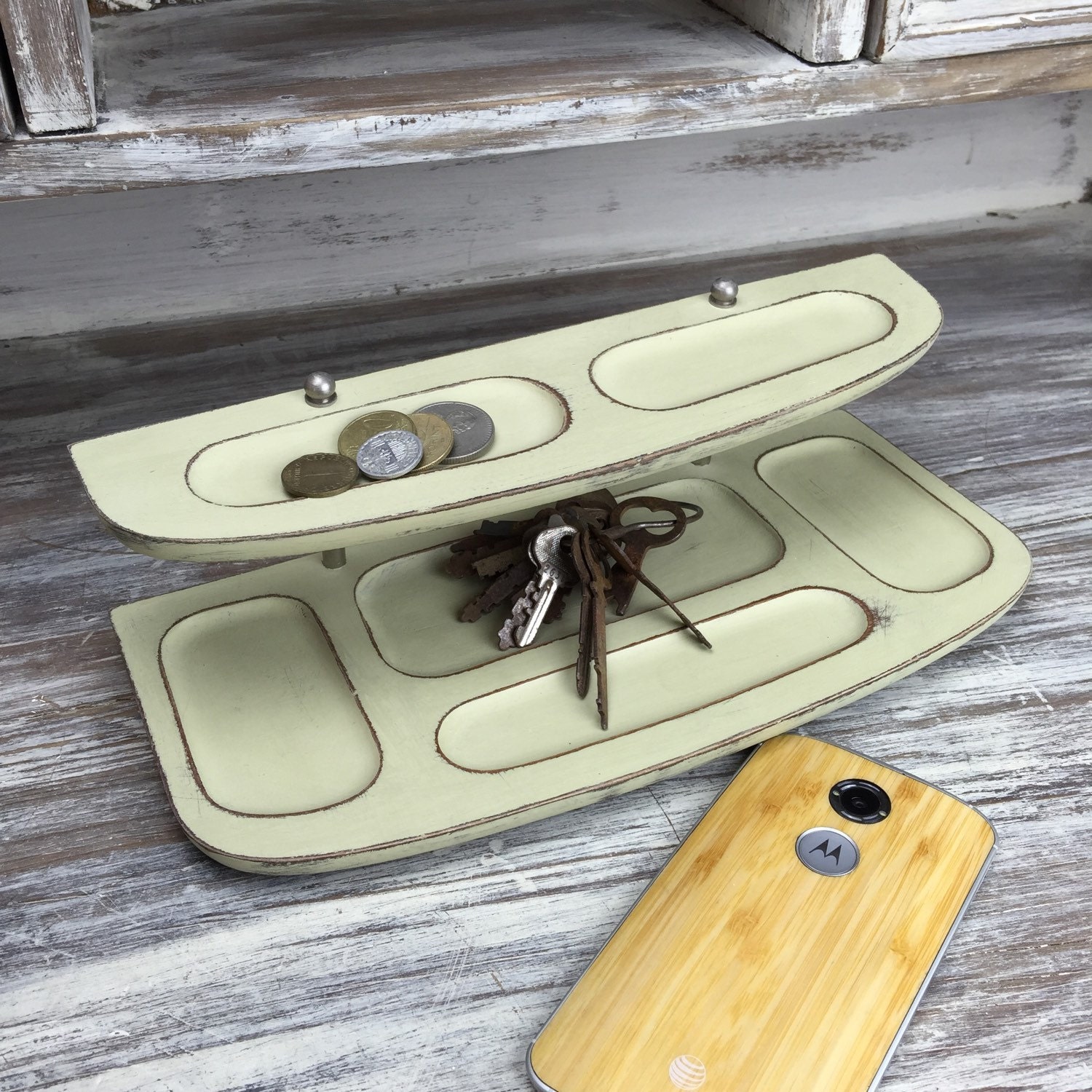 RUSTIC VALET TRAY Vintage Wood Desktop Organizer Tray Home