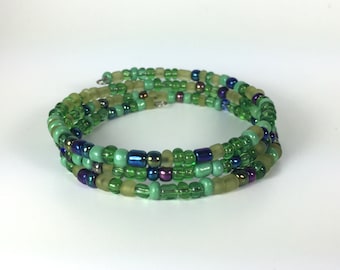 Green, Purple, & Blue Seed Bead Memory Wire Bracelet Inspired by Wicked the Musical