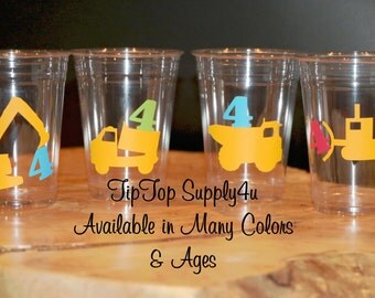 24 Construction Birthday Party 10 oz. 12 oz. or 16 oz. Cups.Traco, construction zone, dozer, heavy equipment, dump truck, boy. C-92-94