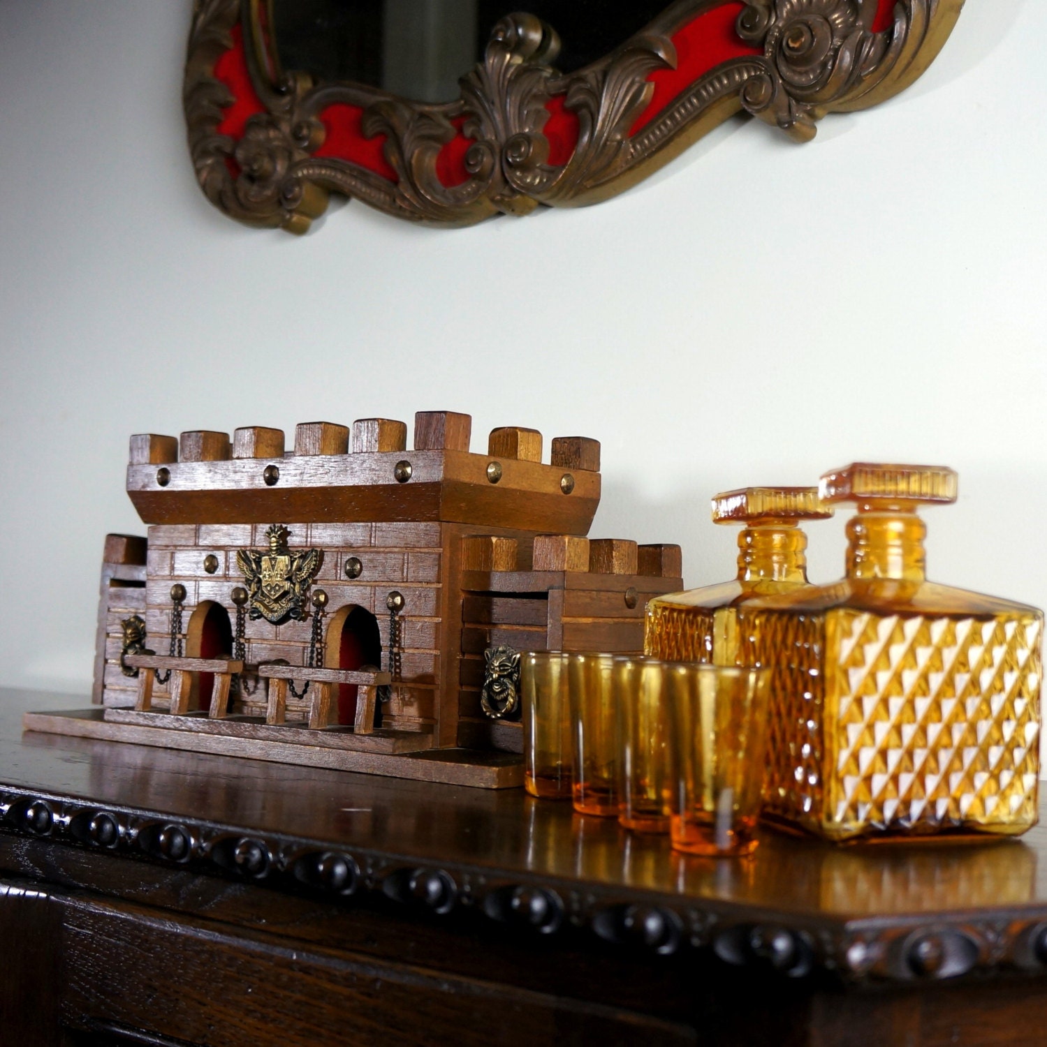 Wooden Castle Liquor Box Medieval Barware Set Decanter Bottles