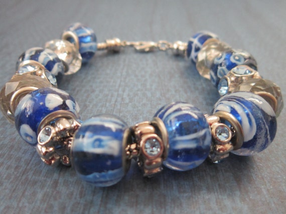 Blue and White Glass Bead European Style Bracelet with Rhinestones