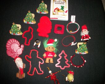 a Vintage DESTASH CHRISTMAS Lot of Goodies,Troll, Santas,Trees Napkin Holders, Cookie Cutters Retro Beanie Book Etc.