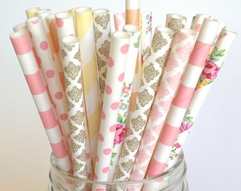 Rustic Wedding Straws, Rustic Baby Shower Burlap and Lace Straw Multipack -Pink Peach Straws Floral Rustic Wedding Decor, Barn Wedding