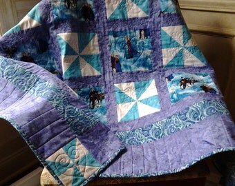 Frozen Quilt Frozen Forever Sisters Quilt Handmade using Frozen themed fabric Elsa Anna Sven Fabric Blue Purple and White Embroidered Quilt