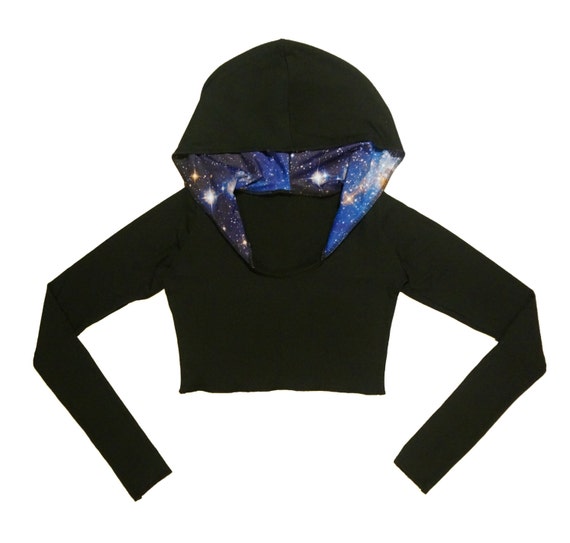 1 Blue Galaxy Long Sleeve Hooded Crop Top for under