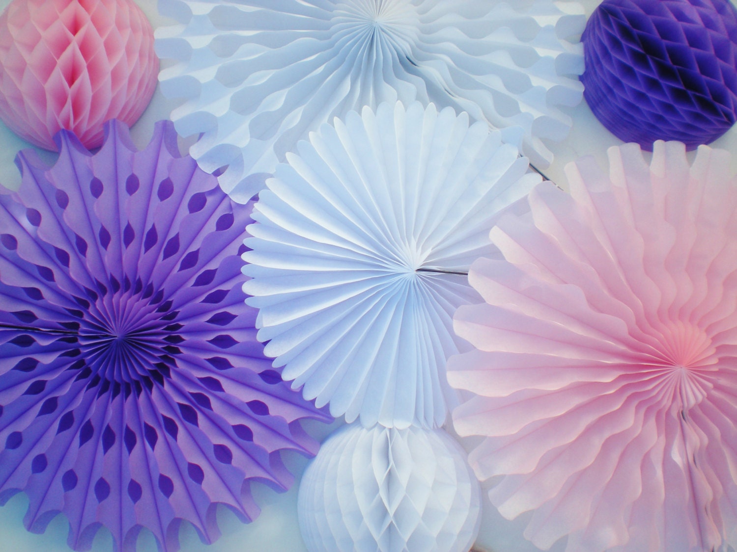 Pink purple paper fans and honeycomb balls for photo backdrop