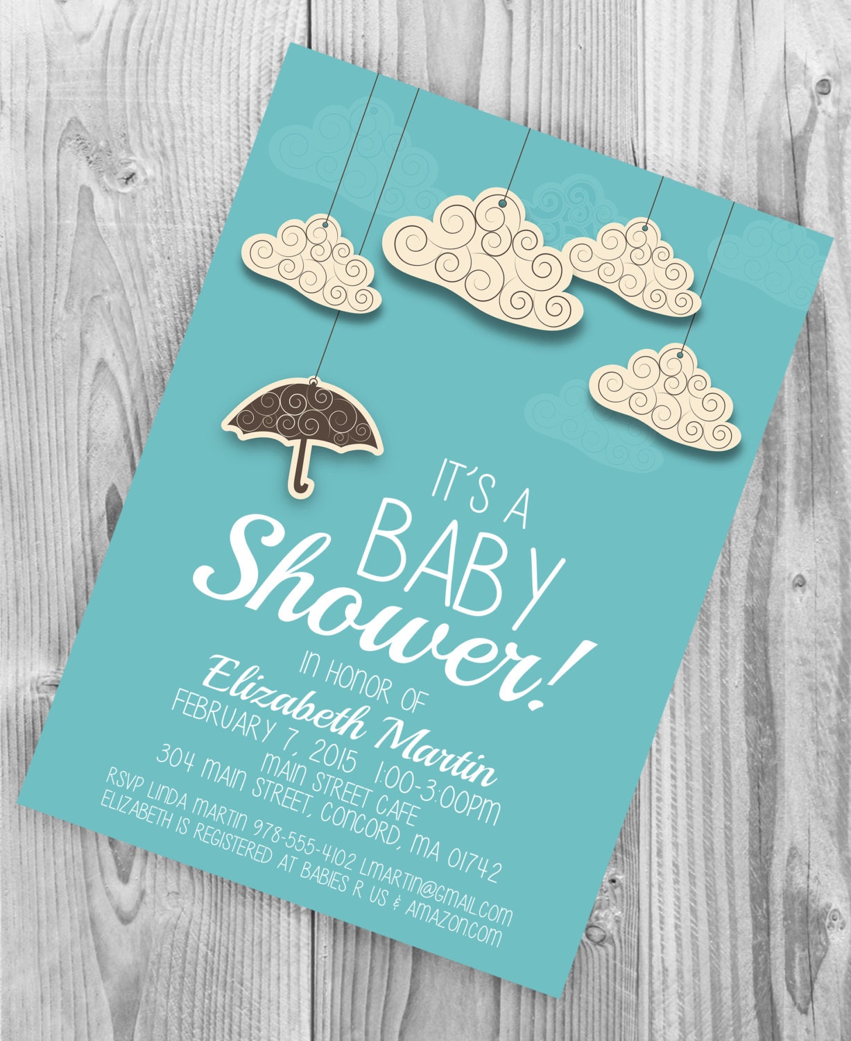 Set of 10 Baby Shower Boy Blue Umbrella Clouds rain