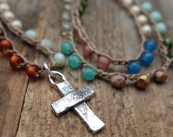 Rustic Sterling Silver Cross Pendant Colorful Crochet Necklace ...