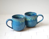 Set of 2 Ceramic Mugs - Ceramic Cups - Handmade Stoneware Teacups or Coffee Mugs - Blue Pottery - Blue Kiss Glaze