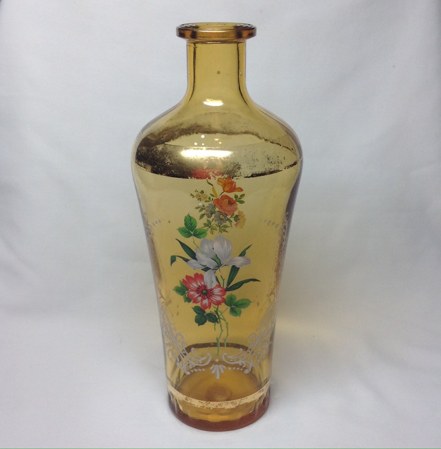 Vintage Gold Amber Glass Bottle Vase Hand Painted Flower Made