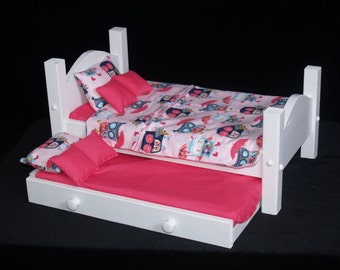 Twin Bed w/Trundle made for 18 Inch Doll with Pink Owls Bedding Set