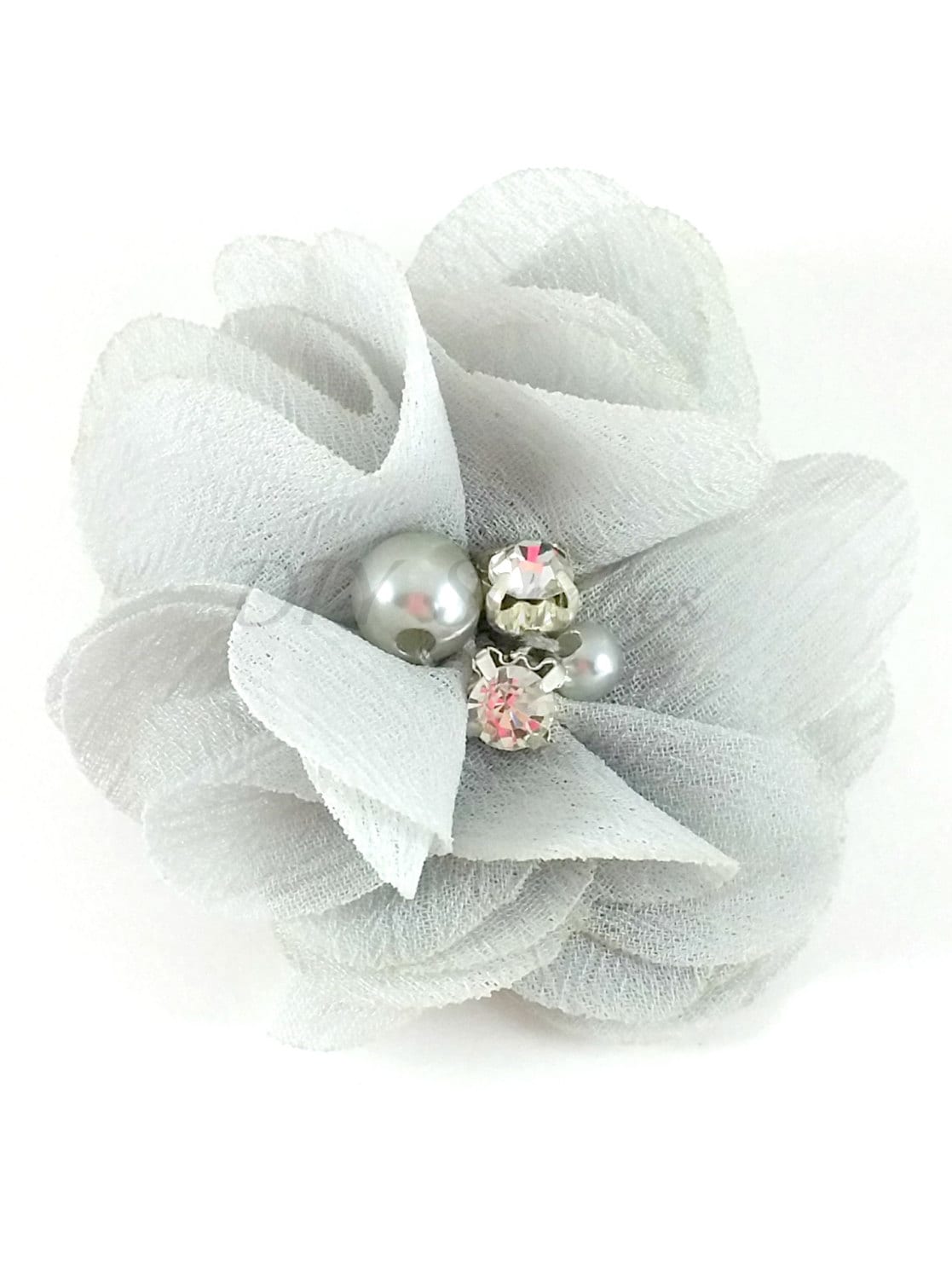 2 Light gray chiffon rhinestone and pearl flower