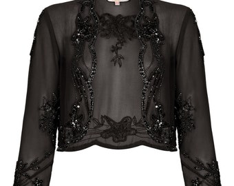 Mary Black Bolero Shrug cape Jacket Vintage 1920s inspired Flapper Great Gatsby Hand Embellished Charleston Art Deco Wedding