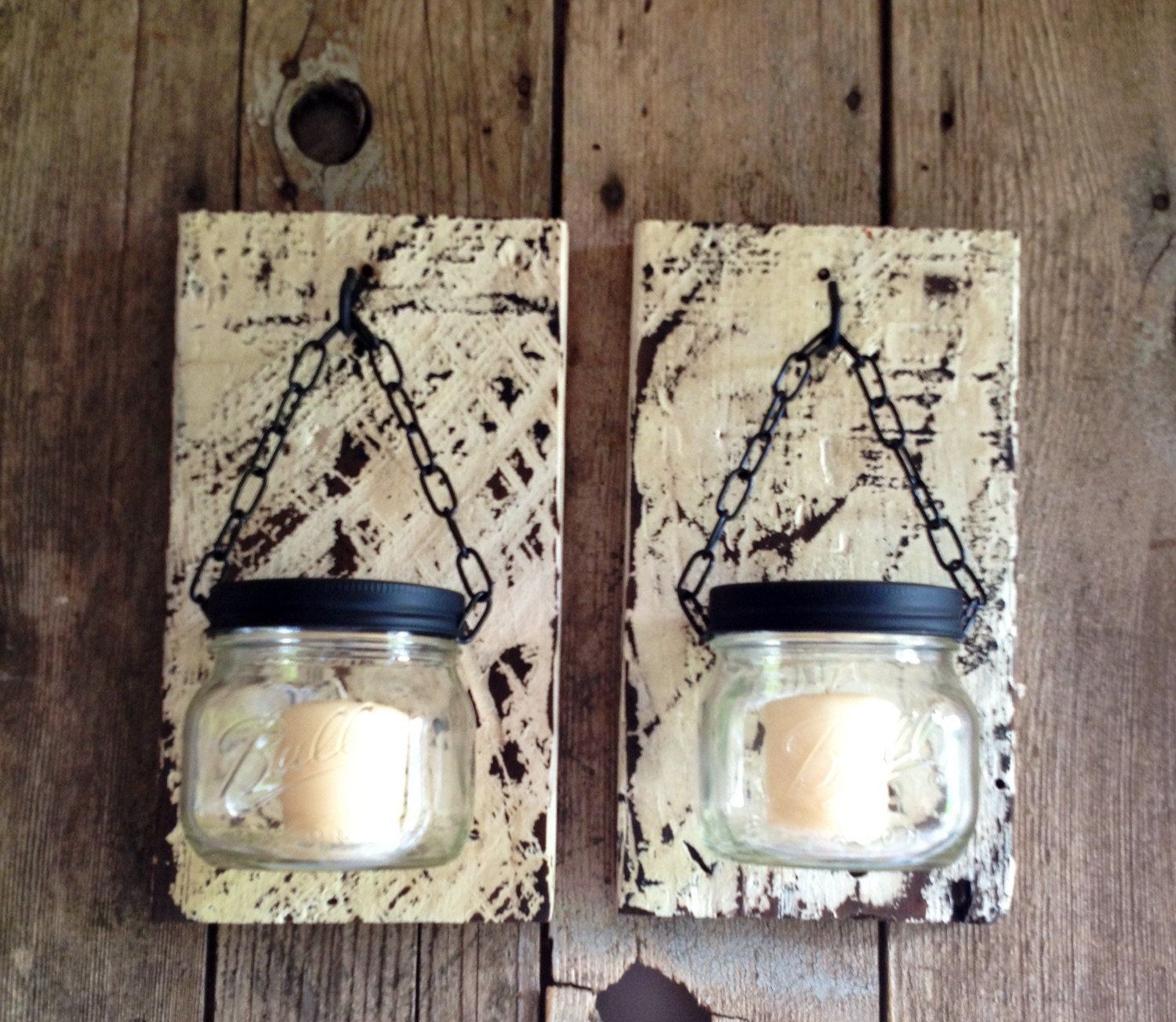 Barn wood short mason jar candle holder SET OF TWO. Handmade